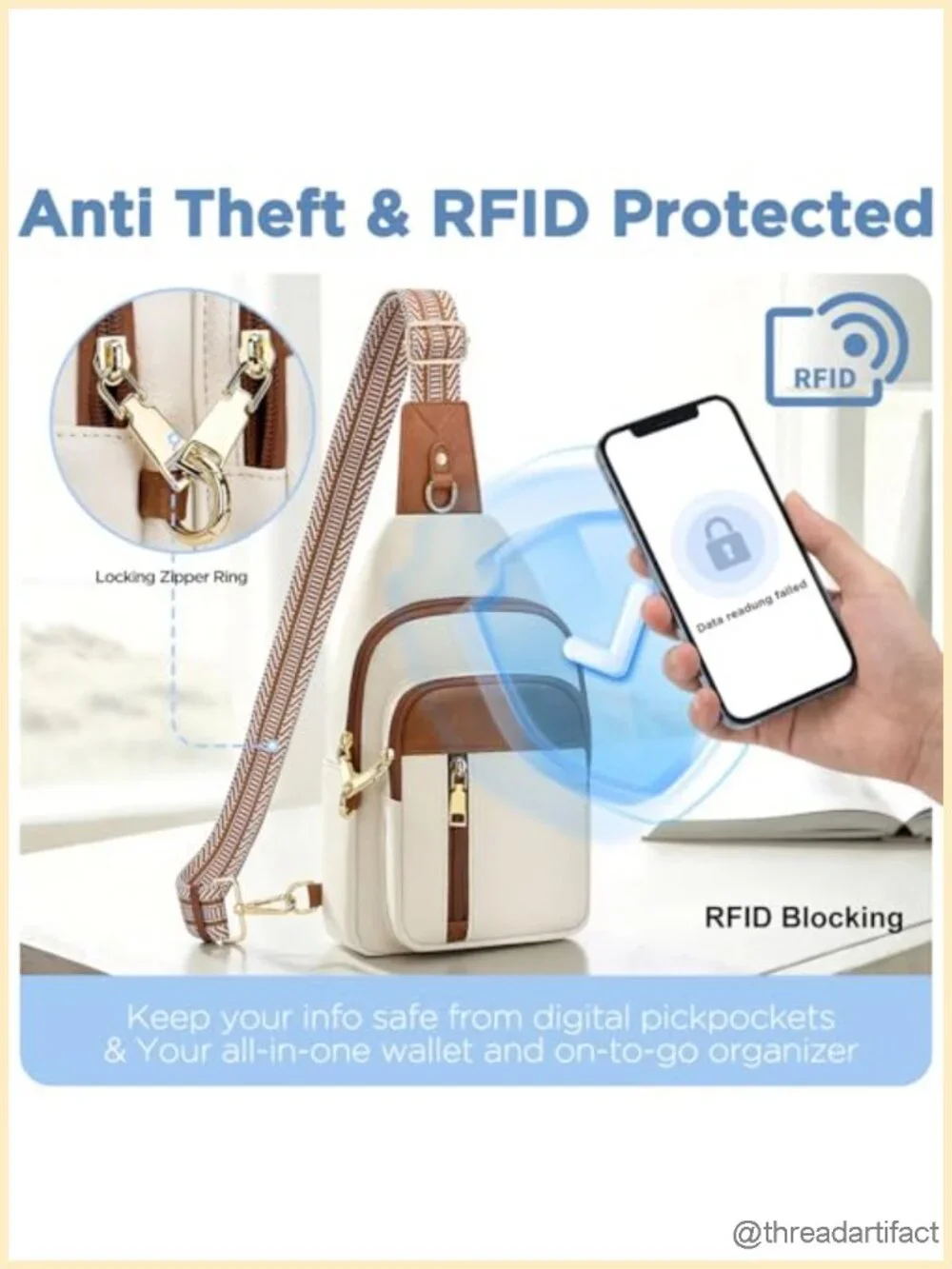 RFID Anti Theft Crossbody Sling Bag Vegan Leather Travel Purse